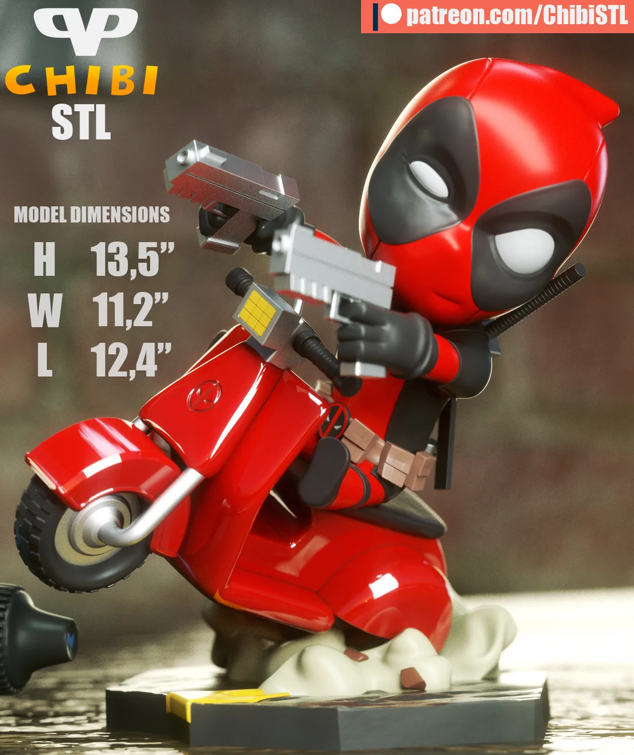 Deadpool on Vespa Chibi STL file for 3D printing